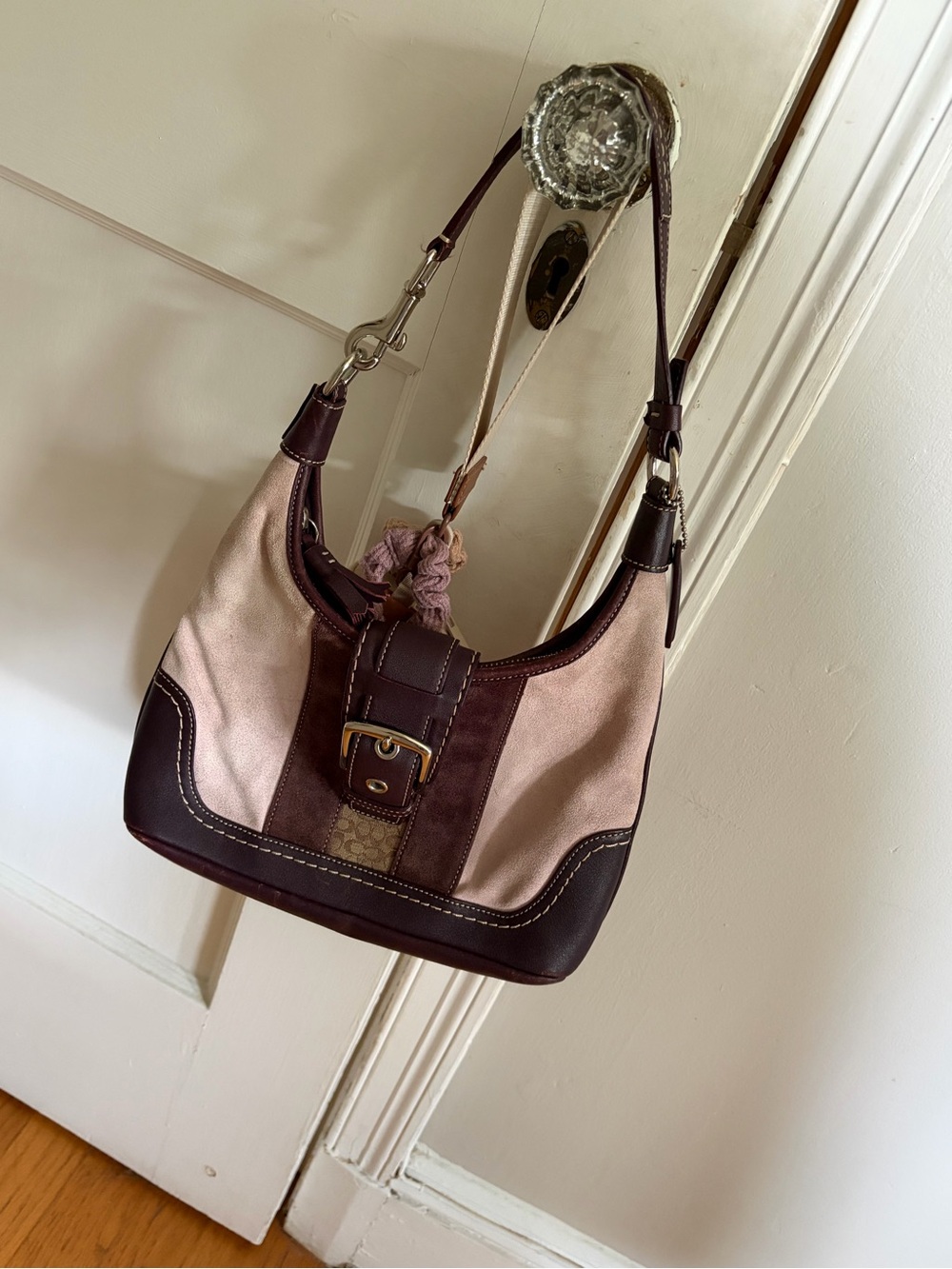 Leather-Trimmed Canvas Shoulder Bag in Light Pink and Brown
